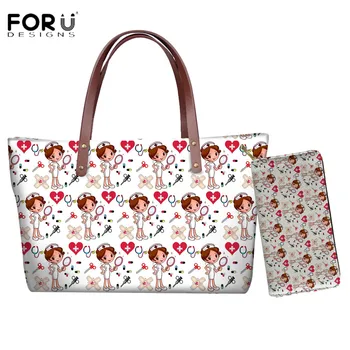 

FORUDESIGNS Cute Nurse Printed Lady Handbags Large Capacity Women Shoulder Bag Neoprene Toto Bag with Purses for Female