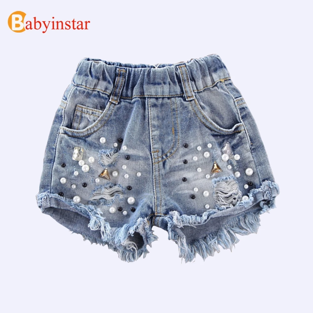 Babyinstar/джинсовые шорты для девочек, 2019 летние шорты для девочек, джинсы, детские ковбойские шорты с жемчужинами, одежда с дырками, джинсовые