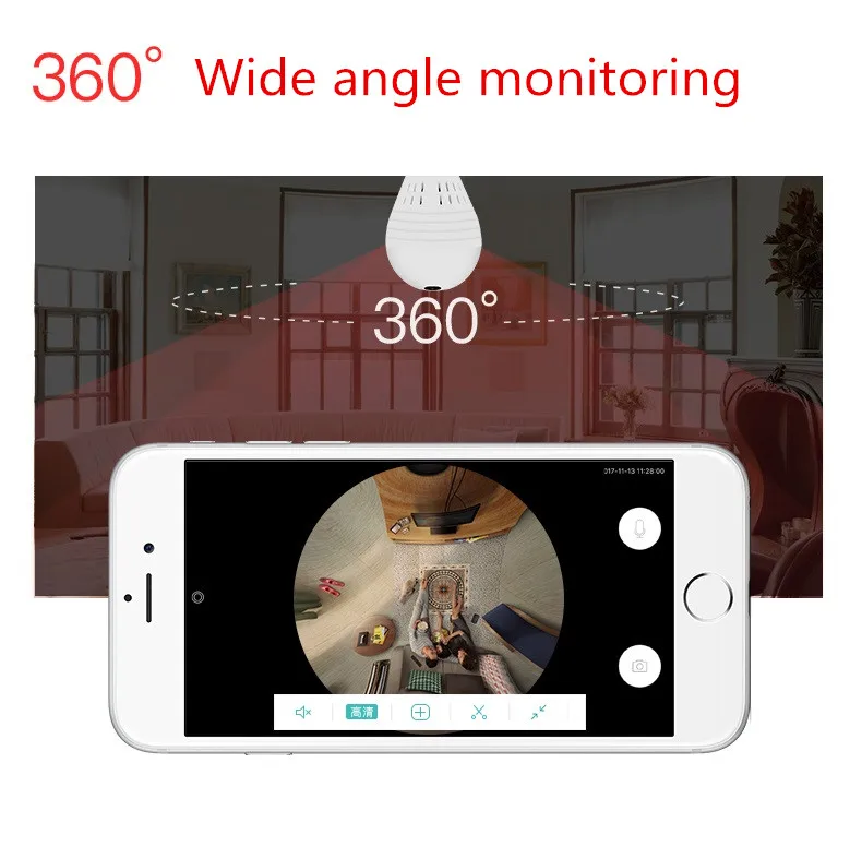 60 шт. панорамная лампочка vr 360 градусов рыбий глаз HD 960P Беспроводная ip-камера Wifi Домашняя сеть sd карта памяти