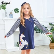 VIKITA/платье для девочек; платья с рисунком единорога для маленьких девочек; платья в полоску с длинными рукавами для девочек; одежда для детей; Fille; платье в европейском стиле