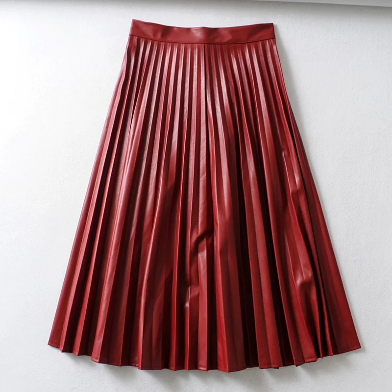 AGong Pleated Wine Red Skirts Women Fashion Buttons PU Leather Skirt Women Elegant Mid Calf Skirts Female Ladies JL