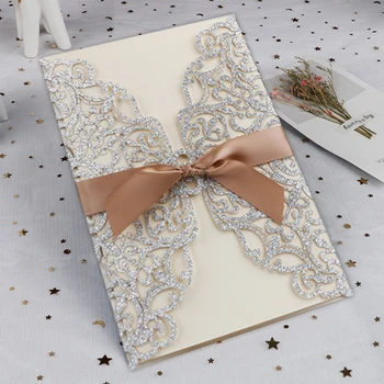 

50pcs Laser Cut Wedding Glitter Paper Lace Wedding Invitations Luxury Thanksgiving Invitations Card with Ribbon Party Gift Card