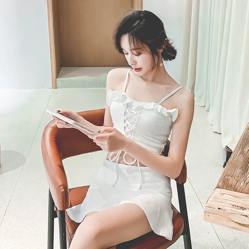 

Loli Skirt Split Type Two Piece Set Cross Straps with Small High-waisted Bikini Bathing Suit GIRL'S Hot Springs Swimming Suit