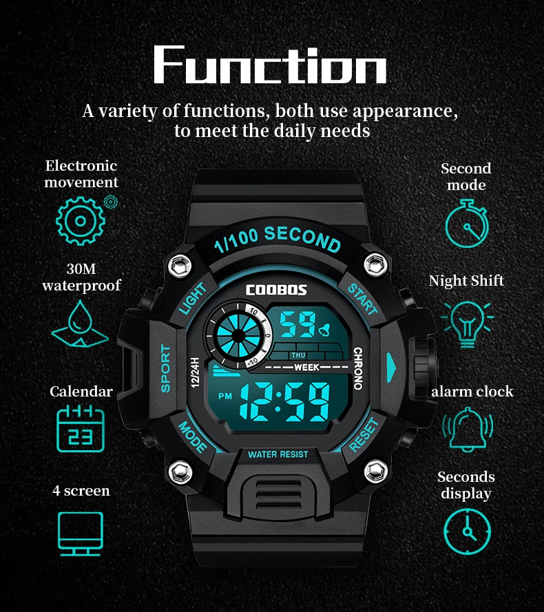 Coobos Men Digital Watch 2022 Birthday Gift Silicone Strap 1/100 Second Sport Clock Green Light Waterproof Wrist Watches for Man