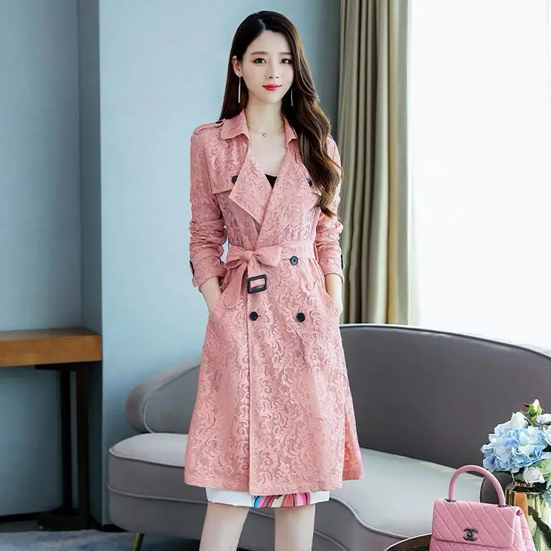 

2019 Autumn Lace Coats for Women Streetwear Turn-down Collar Double Breasted Female Pink Trench Coat Sobretudo Feminino