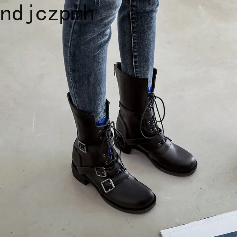 

Women's Boots Autumn And Winter The New Round head Lace-up Color matching Low-heeled Short tube Women's shoes plus size 34-48