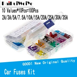 Jeu de fusibles de voiture, 100 pièces/lot, 2A 3A 5A 7.5A 10A 15A 20A 25A 30A 35A, avec boîte, Clip, assortiment de fusibles, camion 10 valeurs 