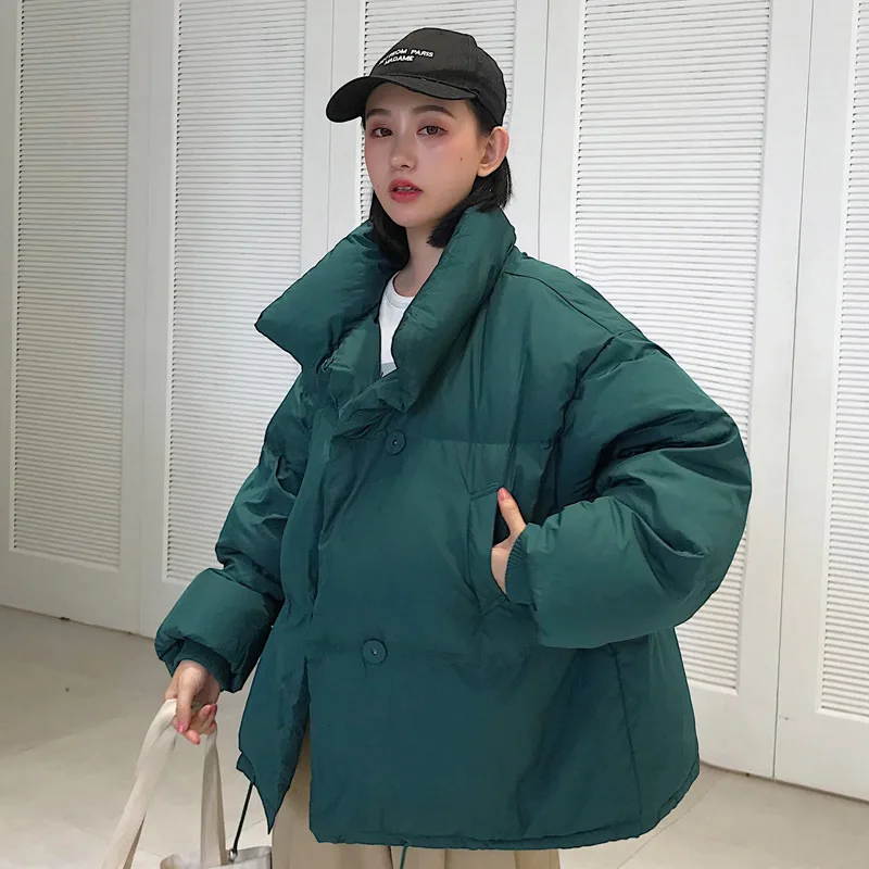 Корейский стиль, зимняя женская куртка со стоячим воротником, однотонное черное белое женское хлопковое пальто, хлопковая Свободная Женская короткая парка, верхняя одежда - Цвет: Green