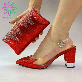 

2020 Specials Design African Women Shoes and Bag to Match in Red Color Comfortable Heels with Shinng Crystal for Party