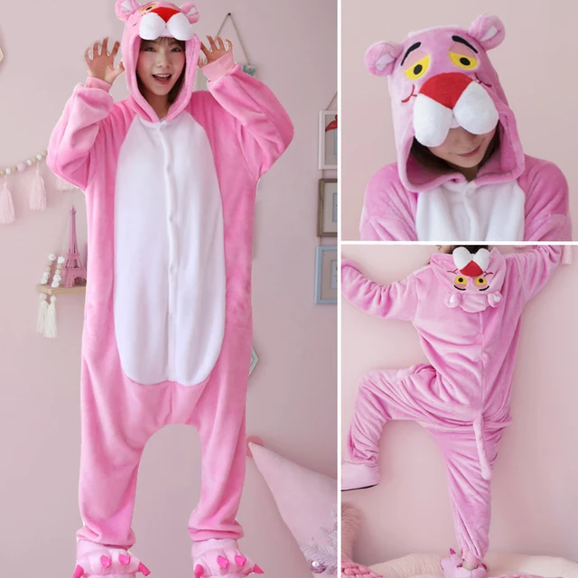 Women Unicorn Totoro Panda Onesies Unisex Winter Men Bear Onesies Kids Nightwear Anime Cosplay Costume Flannel Sleepwear Pajamas Pink Panther