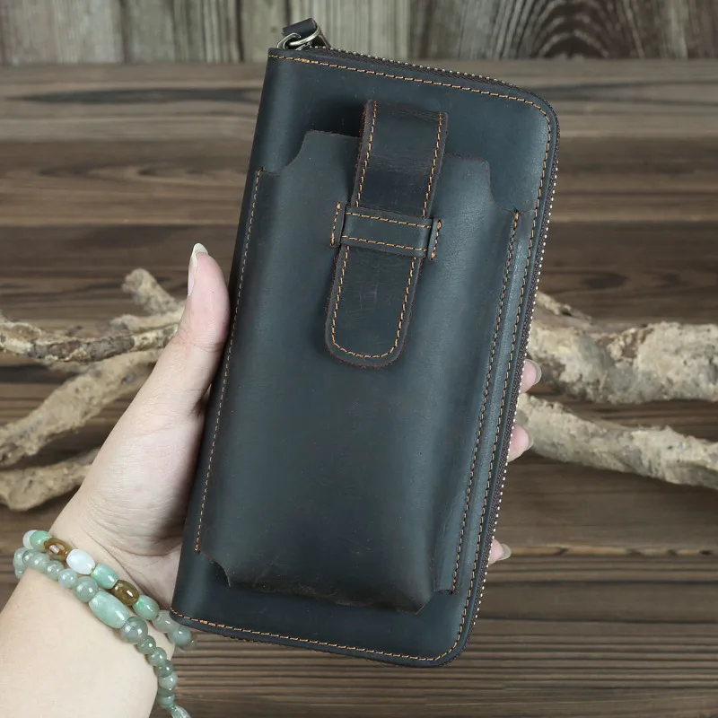 Dark Brown Мужской кошелек из натуральной кожи, винтажные Длинные кошельки на молнии, кошелек, клатч, держатель для карт, с отделением для монет, сумки для мобильных телефонов - Цвет: Dark Brown