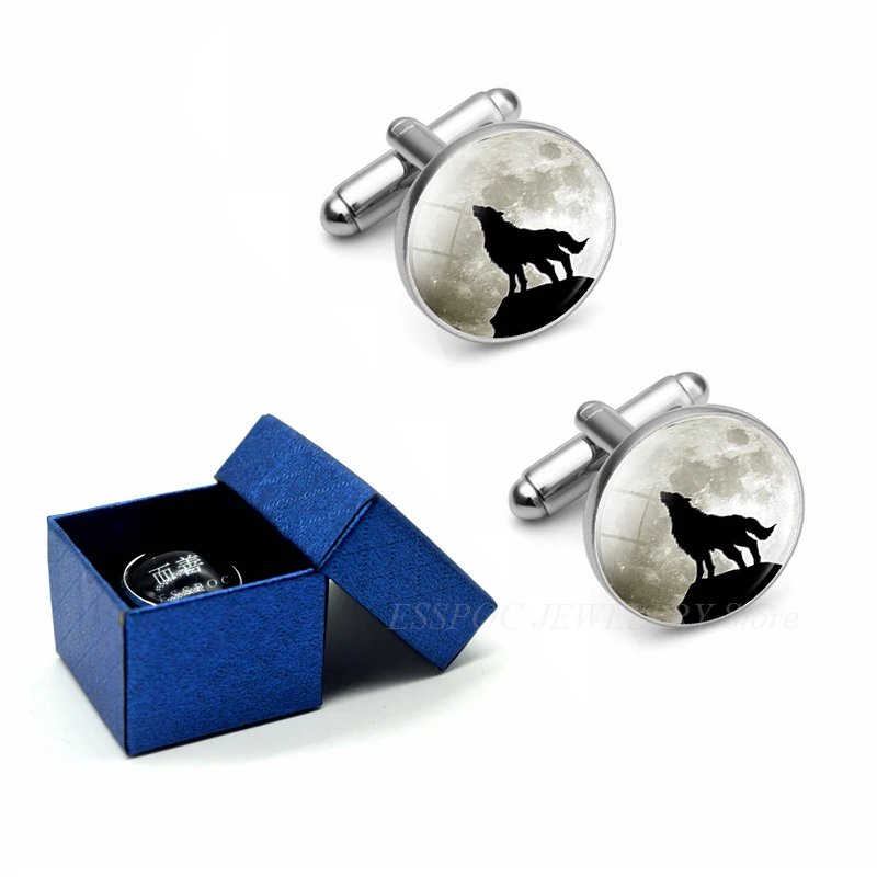 Полная луна Белый Волк стеклянная запонка из сплава животных серебряные Костюмные запонки звенья папа мужская рубашка аксессуары коробка упаковка подарок