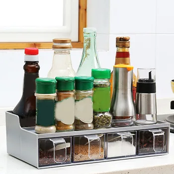 

With Spoons 4 Grids Condiment Box Kitchen Accessory Transparent ABS Seasoning Storage Home Restaurant Spice Salt Pepper Powder