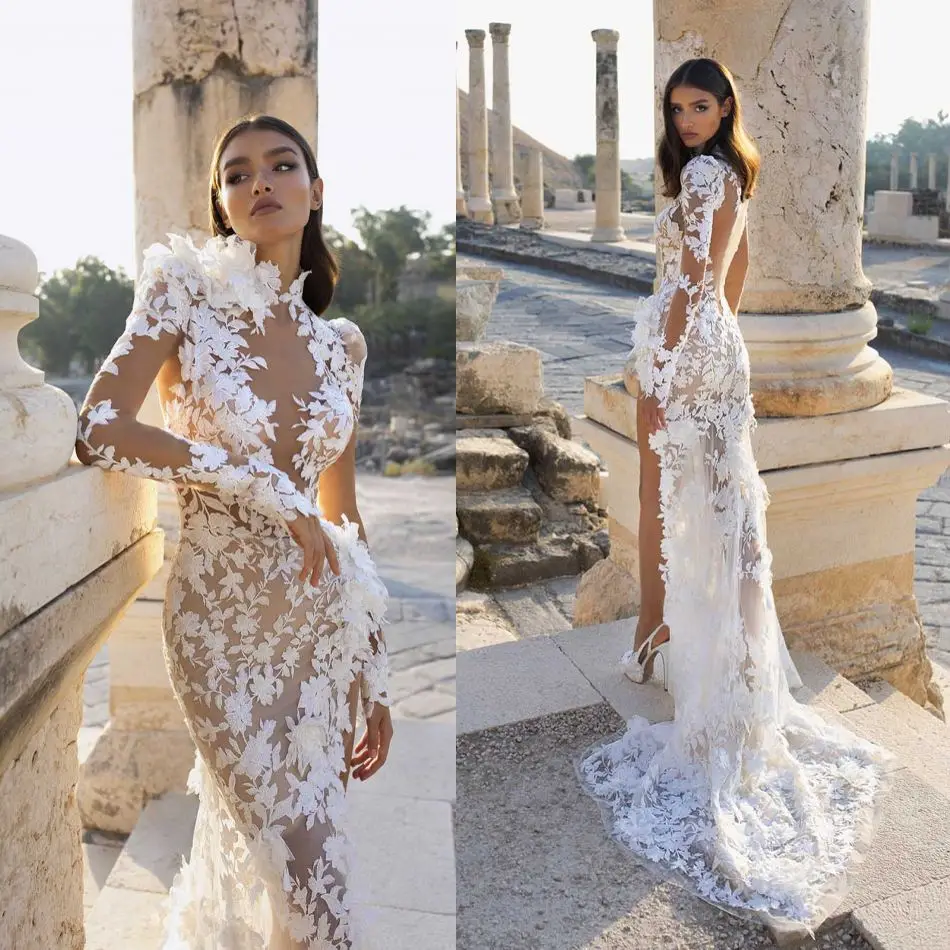 3d Flower Wedding Dresses Long Sleeves Backless Lace Mermaid Bridal Gown  Train  | eBay