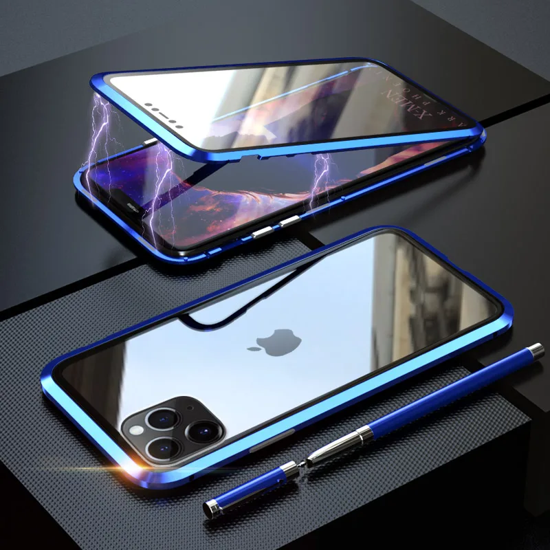 360 металлический чехол для iPhone 6, 7, 8 Plus, X, XR, XS MAX, чехол на магните, роскошный противоударный чехол из закаленного стекла для iPhone 11 Pro Max, чехол - Цвет: Blue