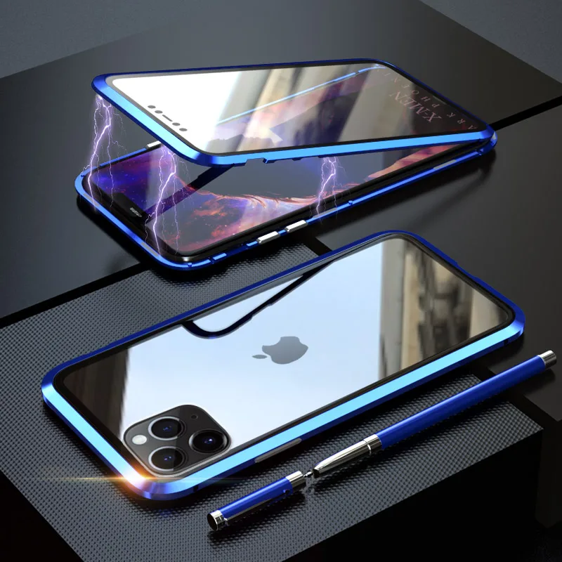 Blue 360 металлический чехол для iPhone 6, 7, 8 Plus, X, XR, XS MAX, чехол на магните, роскошный противоударный чехол из закаленного стекла для iPhone 11 Pro Max, чехол - Цвет: Blue