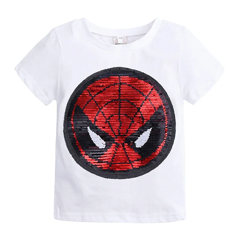 Летняя детская футболка для маленьких мальчиков; Модный двусторонний топ для девочек с изображением героев мультфильма «Супергерои», «Человек-паук», «Бэтмен»; детская одежда