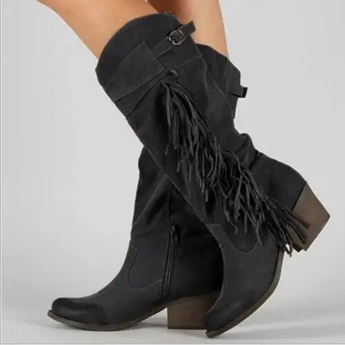 Женские ботинки до середины икры; chaussure boots; винтажные теплые ботинки на высоком каблуке с круглым носком; женская обувь с бахромой; zapatos mujer sapato; большие размеры; H1082 - Цвет: black