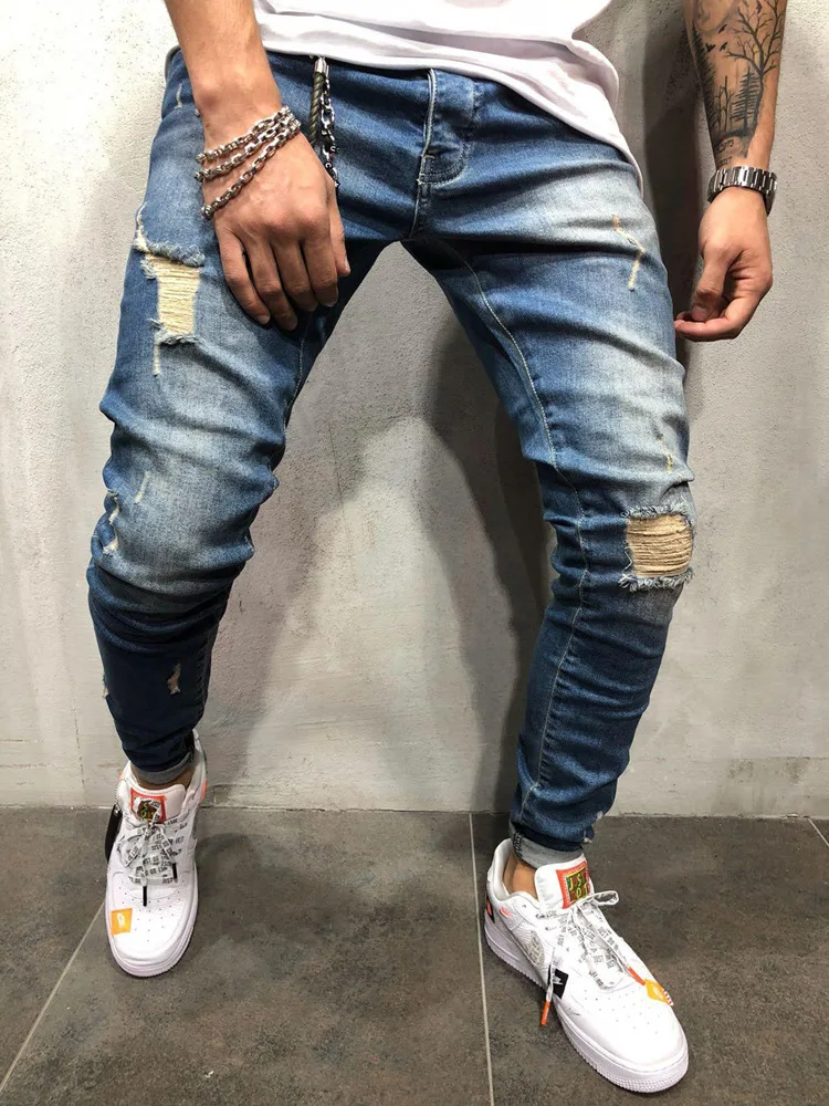 2019, 3 стиля, мужские рваные обтягивающие байкерские джинсы, рваные потертые джинсы с вышивкой, облегающие джинсовые штаны