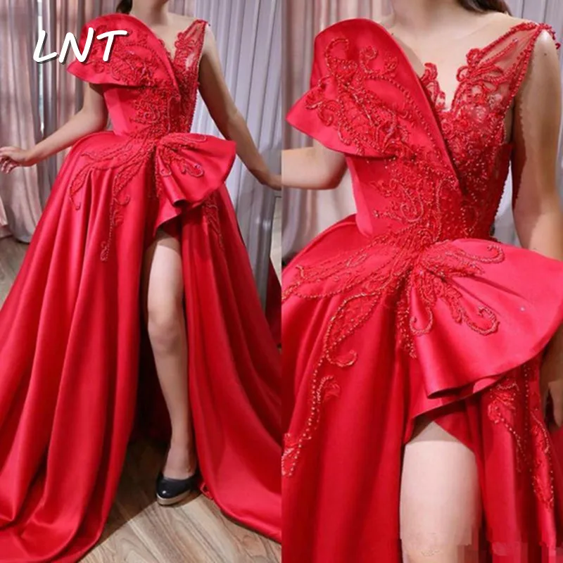 

Asymmetric Red Evening Gowns with Slit Long Formal Occasion Dresses with Beads Formal Wear Custom