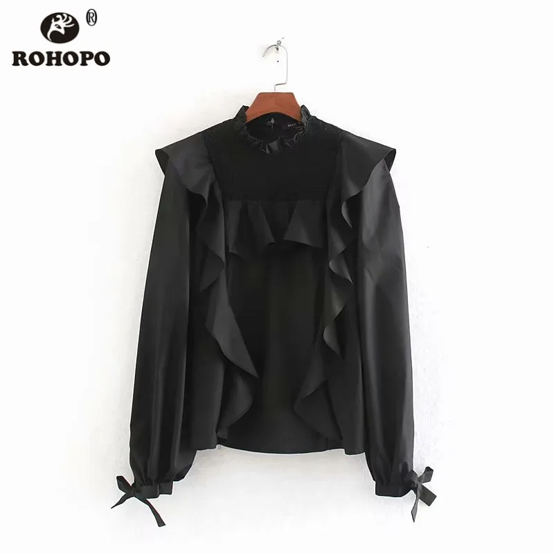 ROHOPO, длинный рукав, черный хлопок, поплин, блузка, оверлок, полу воротник, спереди, гофрированный, галстук, манжеты, женские топы, рубашка, одноцветная Блуза#9483 - Цвет: Черный