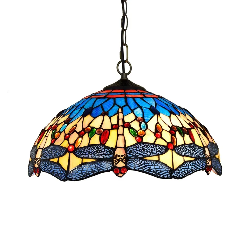 

European Tiffany Creative Colored Glass Dragonfly T-pattern Art Chandelier Bar Living Room Lights 40CM