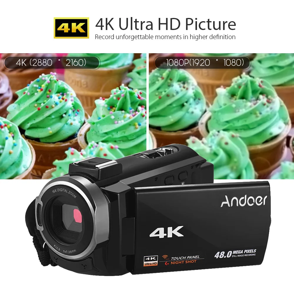Andoer 4K HD Цифровая видеокамера DV сенсорный экран WiFi ИК Ночное Видение с батареями+ Стерео конденсаторный микрофон