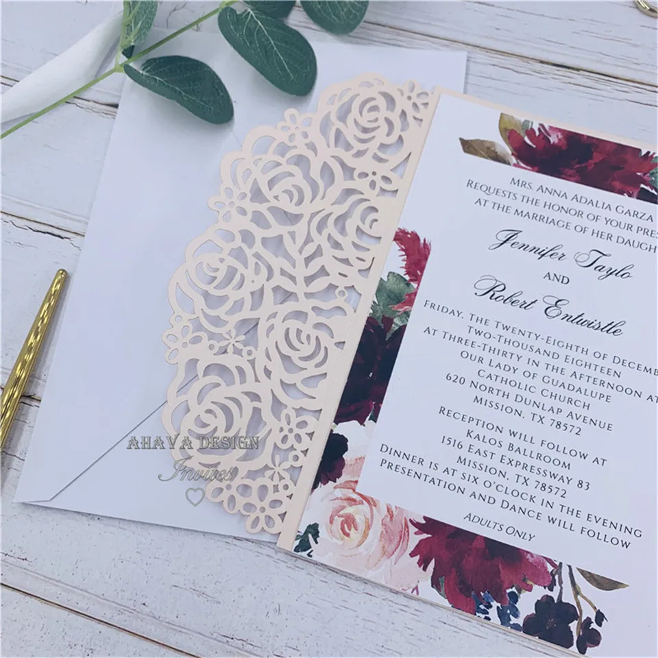 Beautiful Luxury Blush Laser Cut Wedding Invitation Folder, Invitation RSVP Suite Die cut