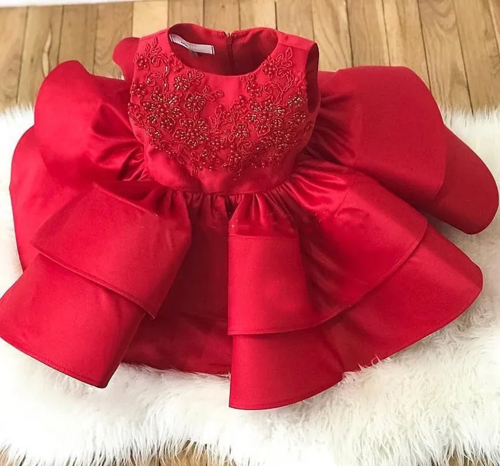 

Red Satin Baby Girls Dresses Beads Lace O Neck Infant Princess First Birthday Dress Kids Party Clothes 3M-14Years