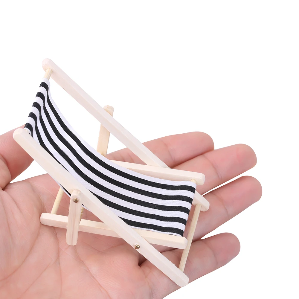 1PC Wooden Lounge Chair for 1/12 Dollhouse Miniature Furniture Folding Stripe Beach Chair Model Mini Home Desktop Decor miniature house kit miniature ornament desk decor miniature figurines wooden figurine crafts resin crafts glass fruit pendants