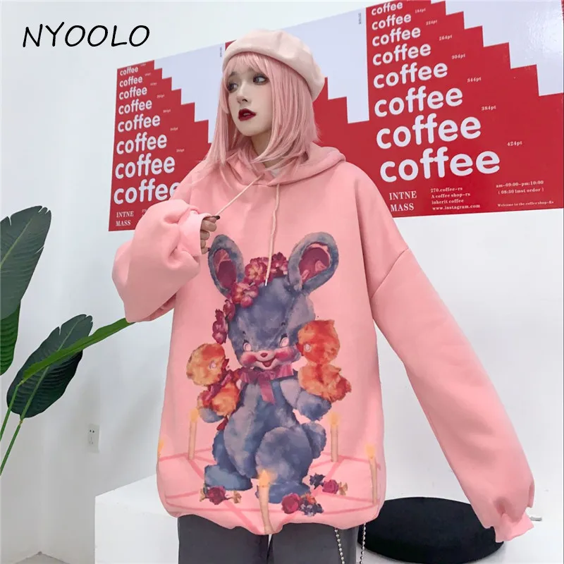 NYOOLO Harajuku стиль мультфильм милый кролик печати свободные плюс бархат теплые толстовки осень зима пуловер с капюшоном Толстовка для женщин