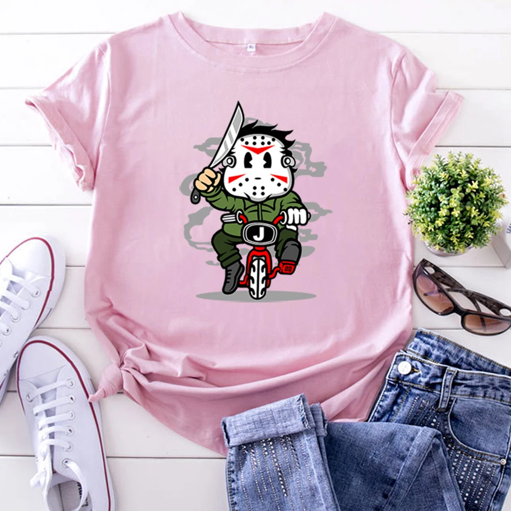 

T-Shirt Personality Funny Bike Jason Printing Tshirts For Women'S Kawaii Fashion Women'S T Shirts Roud Neck Cotton Tee Shirts
