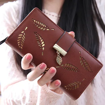 

Wallet Women Long Wallet Ladies Buckle Hollow Out Leaf Purse Solid Color Clutch Card Holder Versatile Handbag Cartera Mujer *