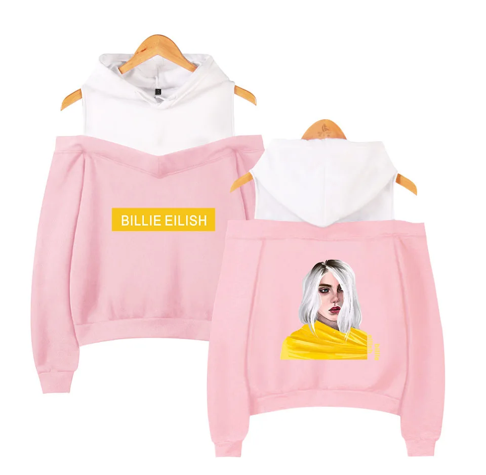 KPOP Billie Eilish розовые толстовки женские с длинным рукавом с открытыми плечами толстовки с капюшоном Harajuku спортивный костюм уличная хип-хоп одежда