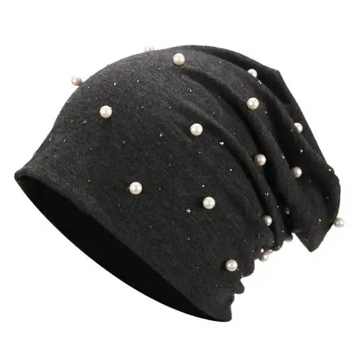 Dark Gray Модная женская зимняя однотонная вязаная шапка в стиле хип-хоп с искусственным жемчугом, трикотажная шапка с черепами, подарки на Рождество, шапка для мамы - Цвет: Dark Gray