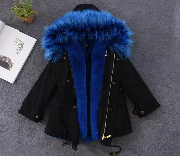 WT-013, новая модная осенне-зимняя одежда на рост 90-160 см, пальто с капюшоном для девочек, пальто из меха лисы и норки, детская одежда - Цвет: black blue linning