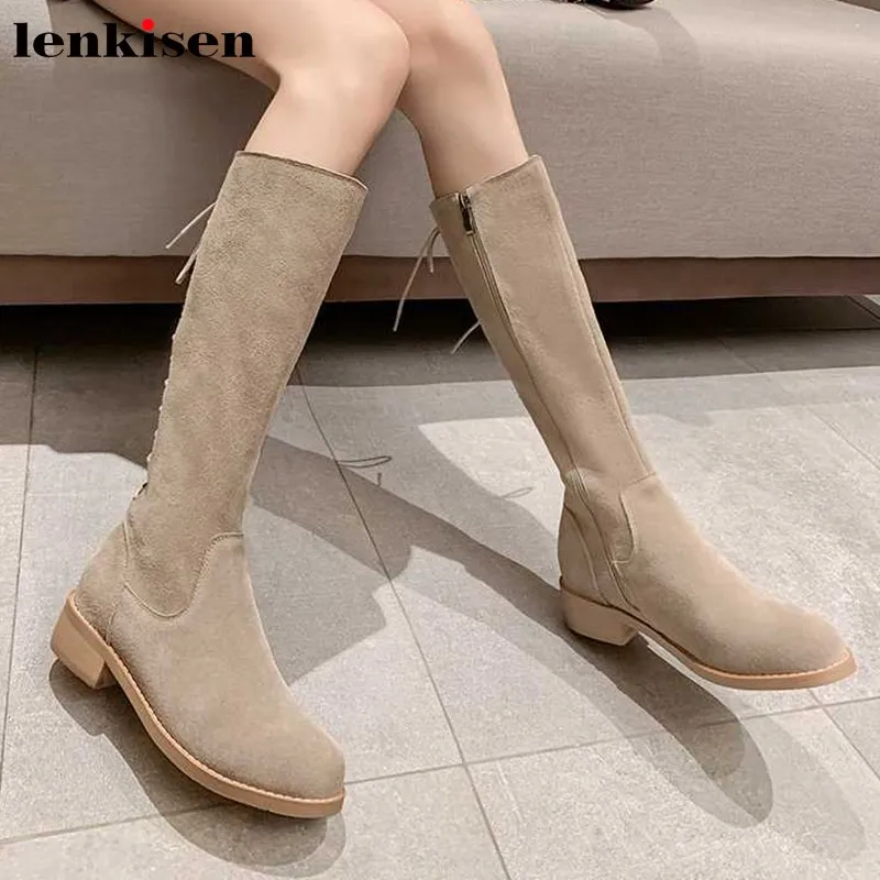

Lenkisen elegant ladies back lace up soft cow suede med heels round toe winter streetwear dating keep warm knee high boots L55