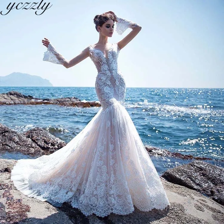 Vestidos De Boda сексуальное платье с v-образным воротом, кружевное с вырезом на спине Свадебные платья Русалочки с длинными расклешенными рукавами и жемчугом Свадебные платья с глубоким вырезом на спине