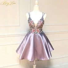 BeryLove, розовое короткое платье для выпускного вечера,, вышивка, цветок, бисер, 3D кружева, Аппликации, линия, vestido curto, v-образный вырез, коктейльное платье