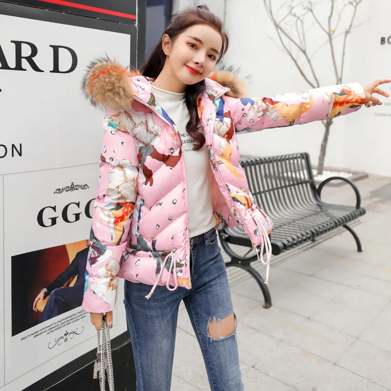 

Down Feather Cotton-padded Clothes Women's Short 2018 New Style Korean-style Winter Color Large Fur Collar down Coat Printed Cot