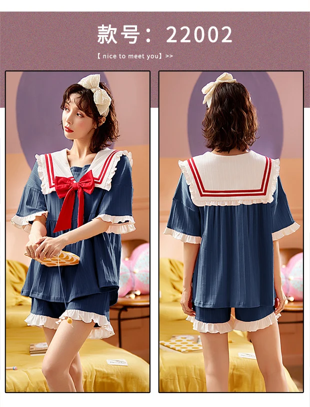 Conjuntos de Estilo Tops + Shorts do Vintage Verão Feminino Pijamas Universitário Japonês Algodão Azul Senhoras Casa Wear Kawaii Arcos Meninas 12 Conjuntos de pijama