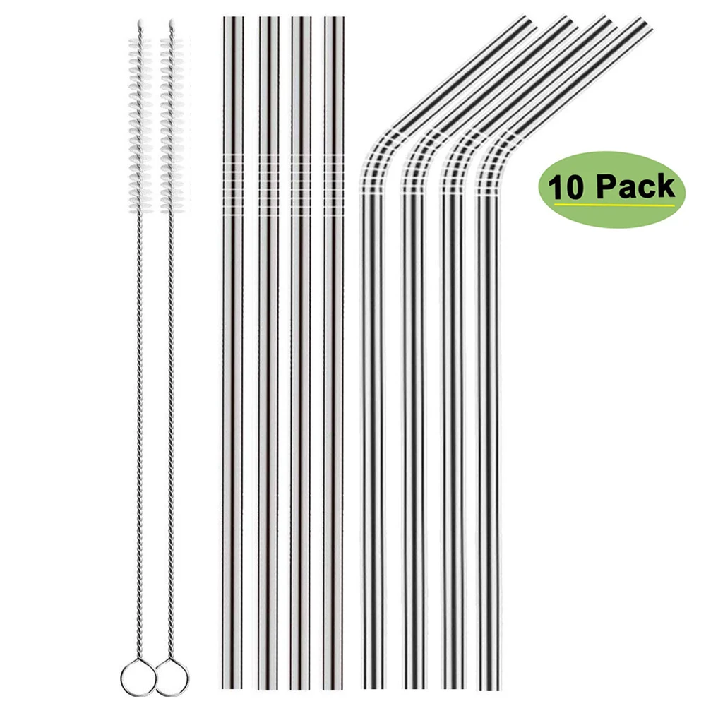 

8Pcs Reusable Drinking Straw Metal Stainless Steel Straw with 2 Cleaner Brush Pipe Straight Bent Tube Mug Cup Bar Accessories
