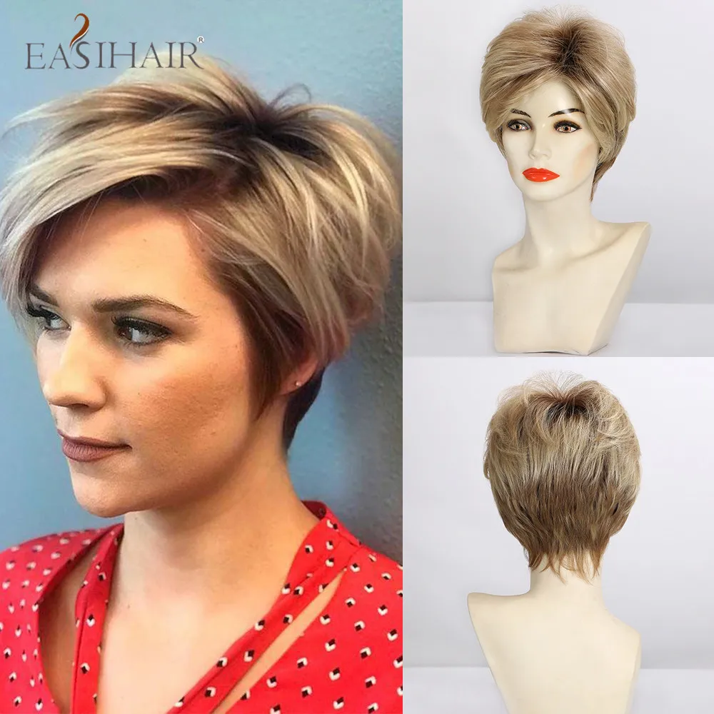 EASIHAIR короткие прямые каштановые к блонд Ombre парики для волос кружевные Передние
