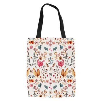 

2020 New Cartoon Chicken Flowers Pattern Women Canvas Bags Reusable Travel Storage Girls Handbag Shoulder Pouch Bolsa De Lona
