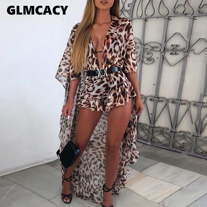Женский комбинезон с леопардовым принтом и оборками сексуальный клубный уличная