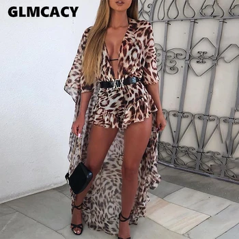

Women Leopard Print Dip Hem Ruffled Jumpsuit Plunge Sexy & Club Streetwear Chic Summer Jumpsuits