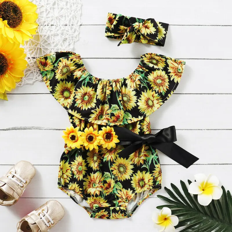 2PCS Sunflower Romper Toddler Baby Girls Summer Clothes Romper Infant