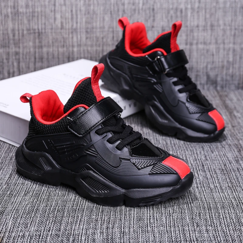 black red Зимние кожаные спортивные кроссовки для мальчиков, Лоскутная подошва MD, Молодежная мужская обувь, кроссовки для больших детей, кроссовки для мальчиков размера плюс 28-40 - Цвет: black red