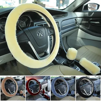 

Car Steering Wheel Cover Soft Plush Spring Kit With Stop Lever Hand Brake Artificial wool Winter Warm for Auto Fur Braiding Cove
