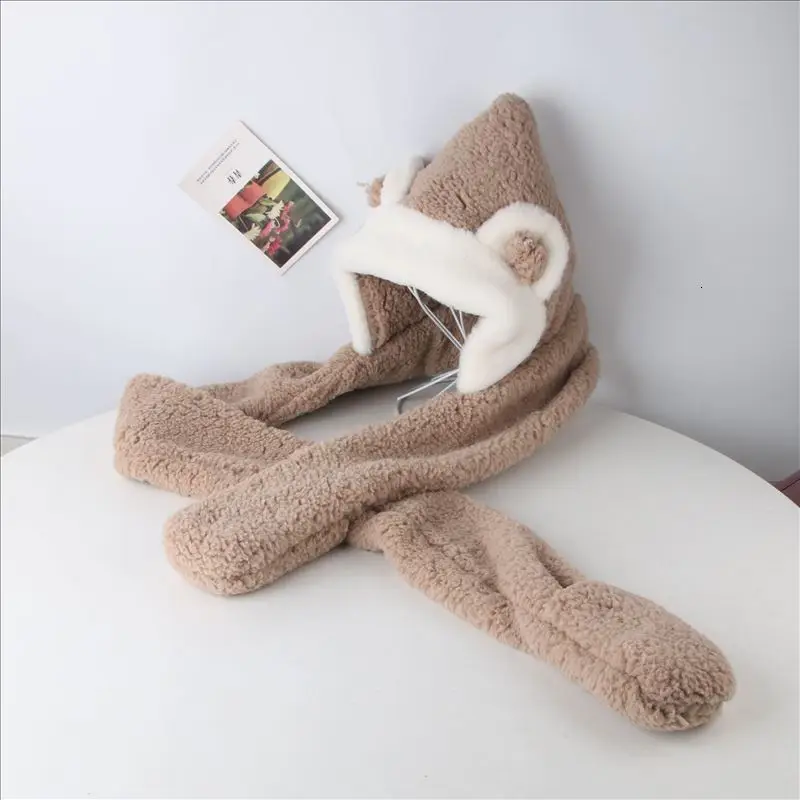 khaki adult Коллекция года, меховые шарфы, шапки, перчатки для женщин и детей, зимний теплый комплект для родителей и детей, 3 в 1, многофункциональная шапка, шарф, перчатки - Цвет: khaki adult